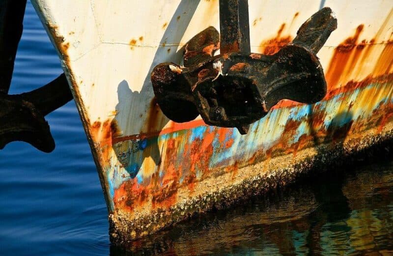 Close-up of a ship's hull showing marine-environment exposure