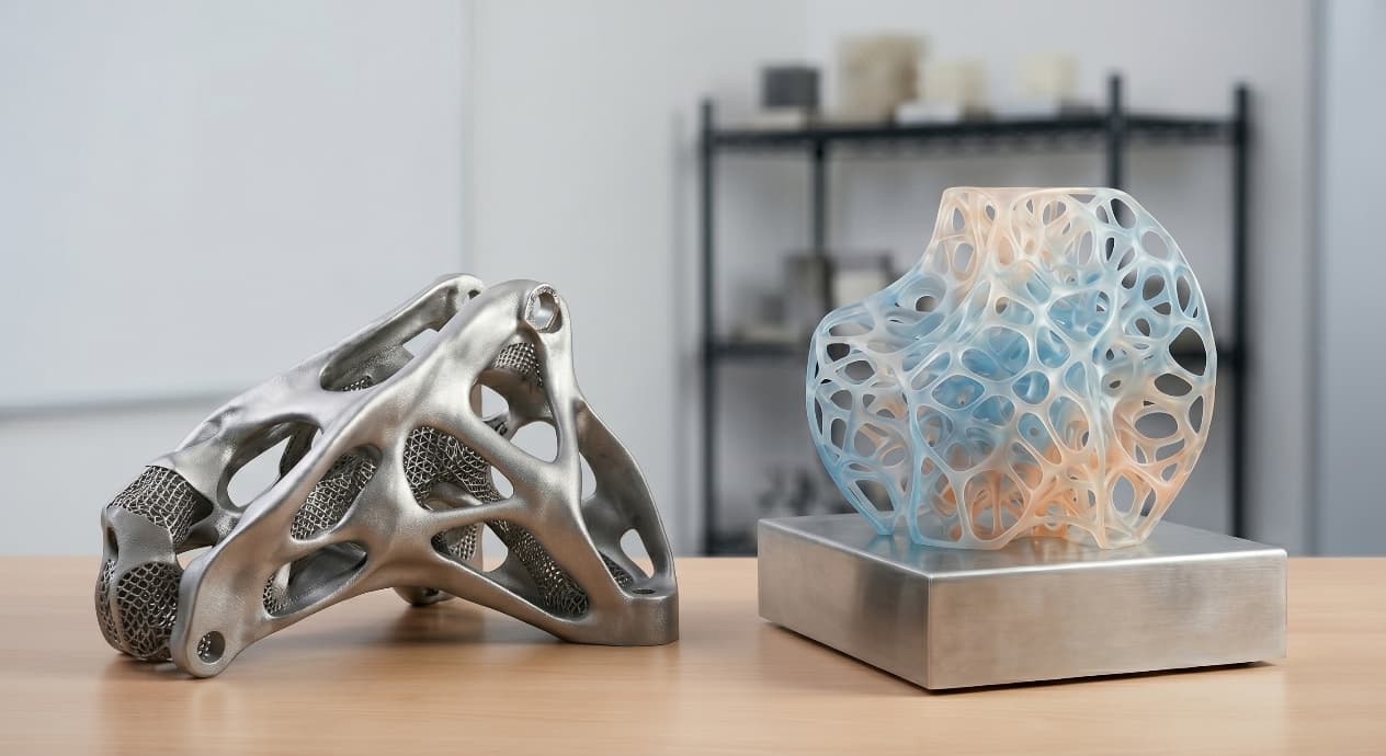 金屬與樹脂 3D 列印晶格樣品並排展示